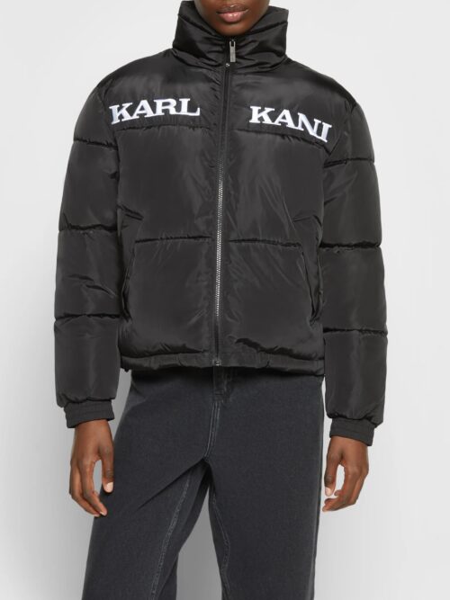 γυναικείο φουσκωτό μπουφάν σε μαύρο χρώμα με επιγραφή στο μπροστινό μέρος από την karl kani, retro puffer jacket