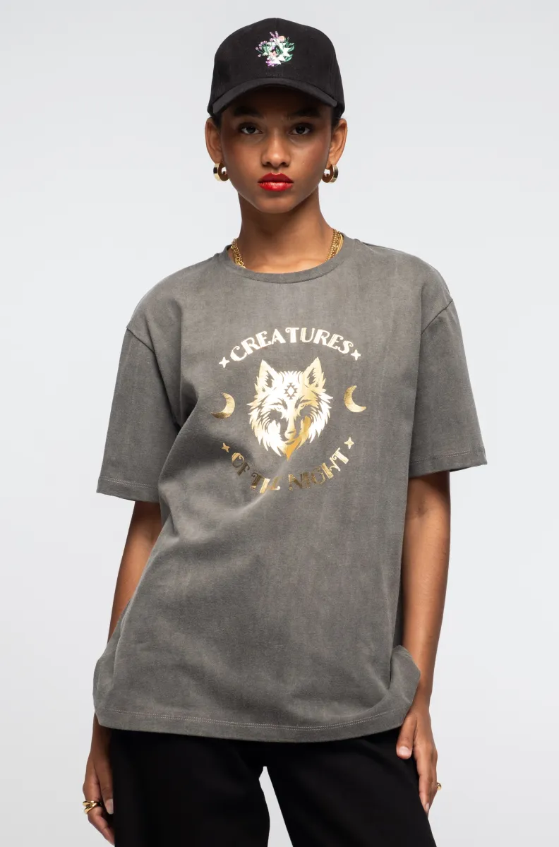 γυναικεία κοντομάνικη μπλούζα σε γκρι χρώμα με τύπωμα στο μπροστινό μέρος από την peace and chaos, creatures t-shirt