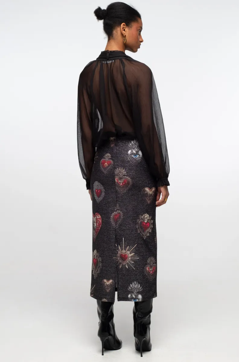 γυναικεία φούστα με γυαλάδα και διάφανα σχέδια από την peace and chaos, elisium midi skirt