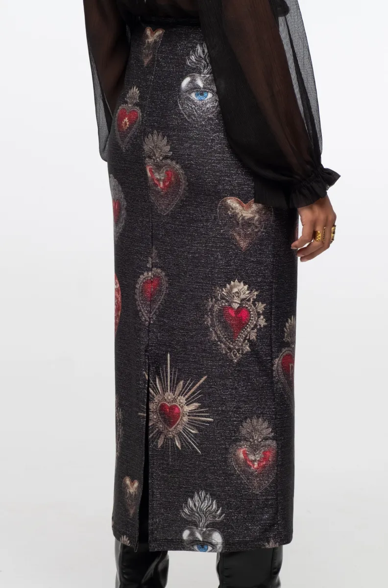 γυναικεία φούστα με γυαλάδα και διάφανα σχέδια από την peace and chaos, elisium midi skirt