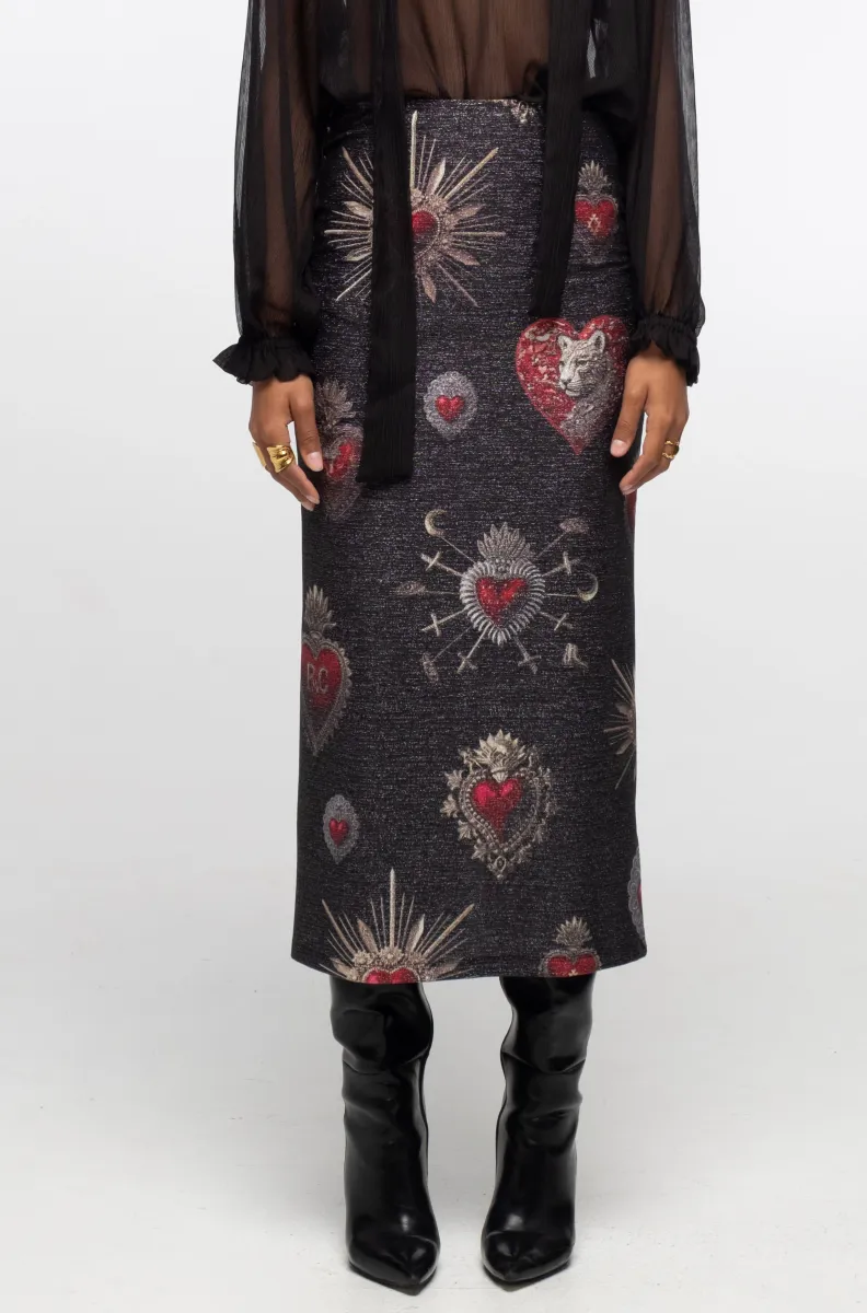 γυναικεία φούστα με γυαλάδα και διάφανα σχέδια από την peace and chaos, elisium midi skirt