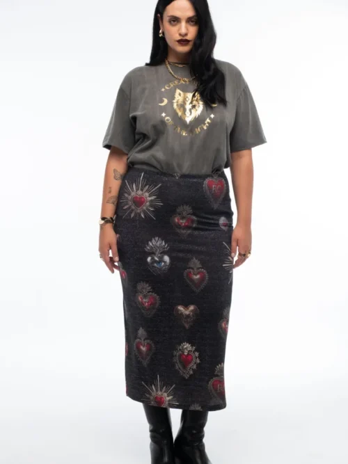 γυναικεία φούστα με γυαλάδα και διάφανα σχέδια από την peace and chaos, elisium midi skirt