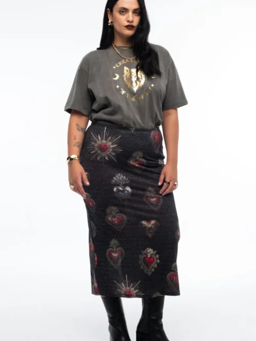 γυναικεία φούστα με γυαλάδα και διάφανα σχέδια από την peace and chaos, elisium midi skirt