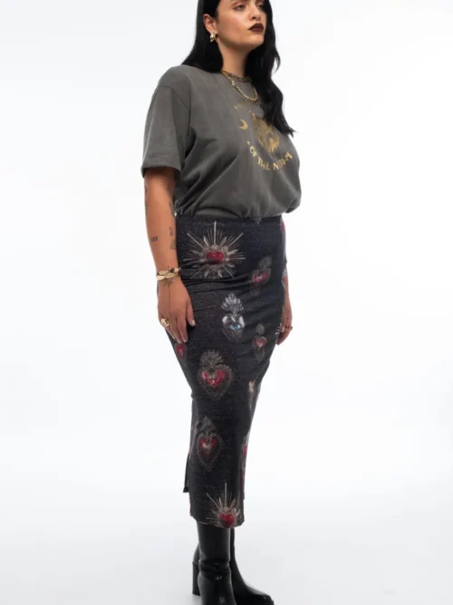 γυναικεία φούστα με γυαλάδα και διάφανα σχέδια από την peace and chaos, elisium midi skirt