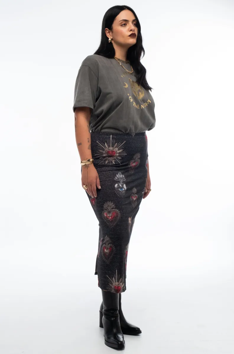 γυναικεία φούστα με γυαλάδα και διάφανα σχέδια από την peace and chaos, elisium midi skirt