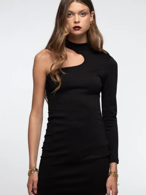 γυναικείο κοντό μαύρο φόρεμα με έναν ώμο από την peace and chaos, obsidian bodycon dress