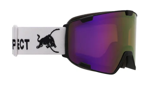 Μάσκα για το βουνό από την εταιρία Red Bull με λευκό λουρί και μώβ φακό.