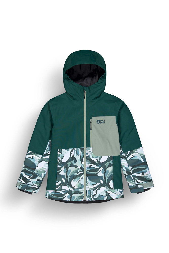 Παιδικό μπουφάν για το βουνό από την εταιρία Picture σε πράσινο χρώμα με σχέδια.