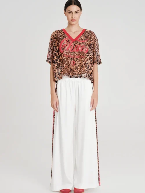 Παντελόνι wide leg με printed ρίγα Ελαστική μέση