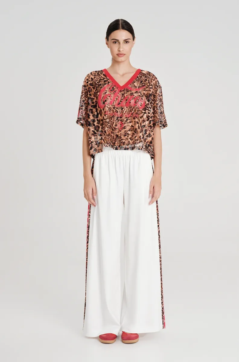 Παντελόνι wide leg με printed ρίγα Ελαστική μέση