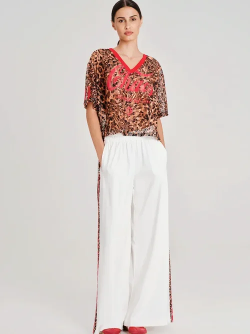 Παντελόνι wide leg με printed ρίγα Ελαστική μέση