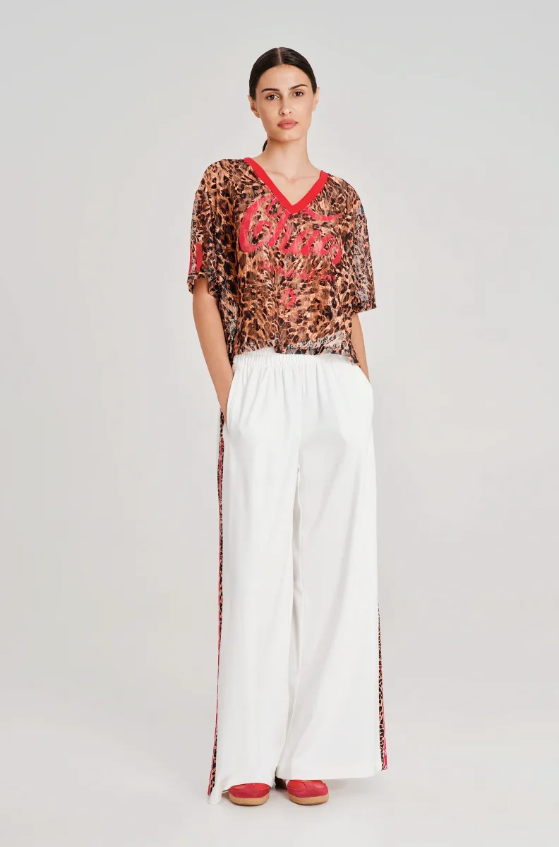 Παντελόνι wide leg με printed ρίγα Ελαστική μέση