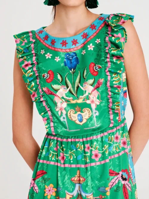 Μακρύ φόρεμα από botanical satin jacquard Λεπτομέρεια βολάν στο μπούστο Κρυφό φερμουάρ