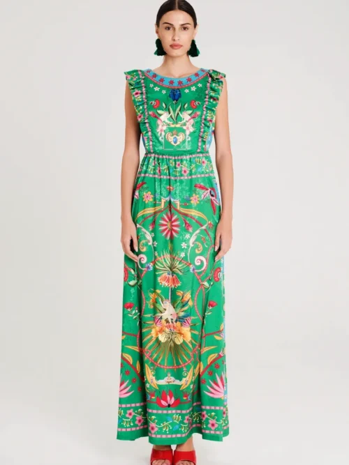 Μακρύ φόρεμα από botanical satin jacquard Λεπτομέρεια βολάν στο μπούστο Κρυφό φερμουάρ