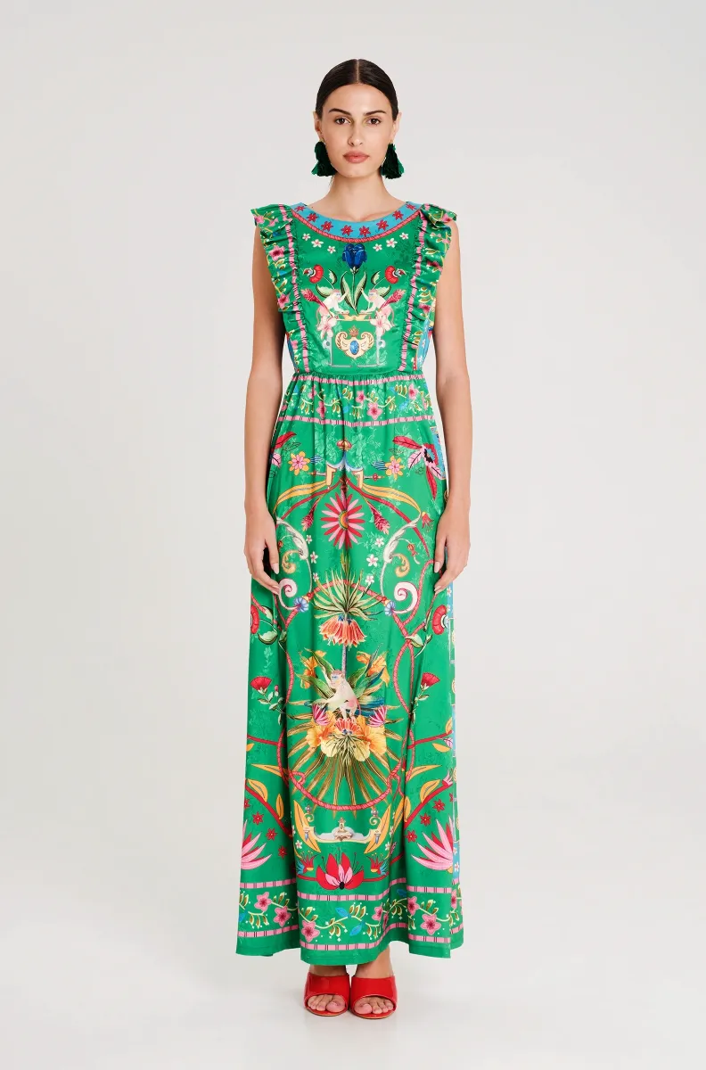 Μακρύ φόρεμα από botanical satin jacquard Λεπτομέρεια βολάν στο μπούστο Κρυφό φερμουάρ