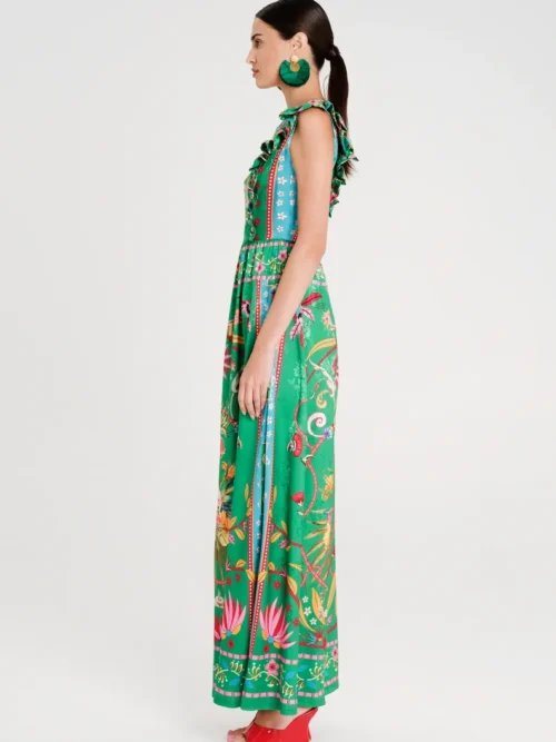 Μακρύ φόρεμα από botanical satin jacquard Λεπτομέρεια βολάν στο μπούστο Κρυφό φερμουάρ