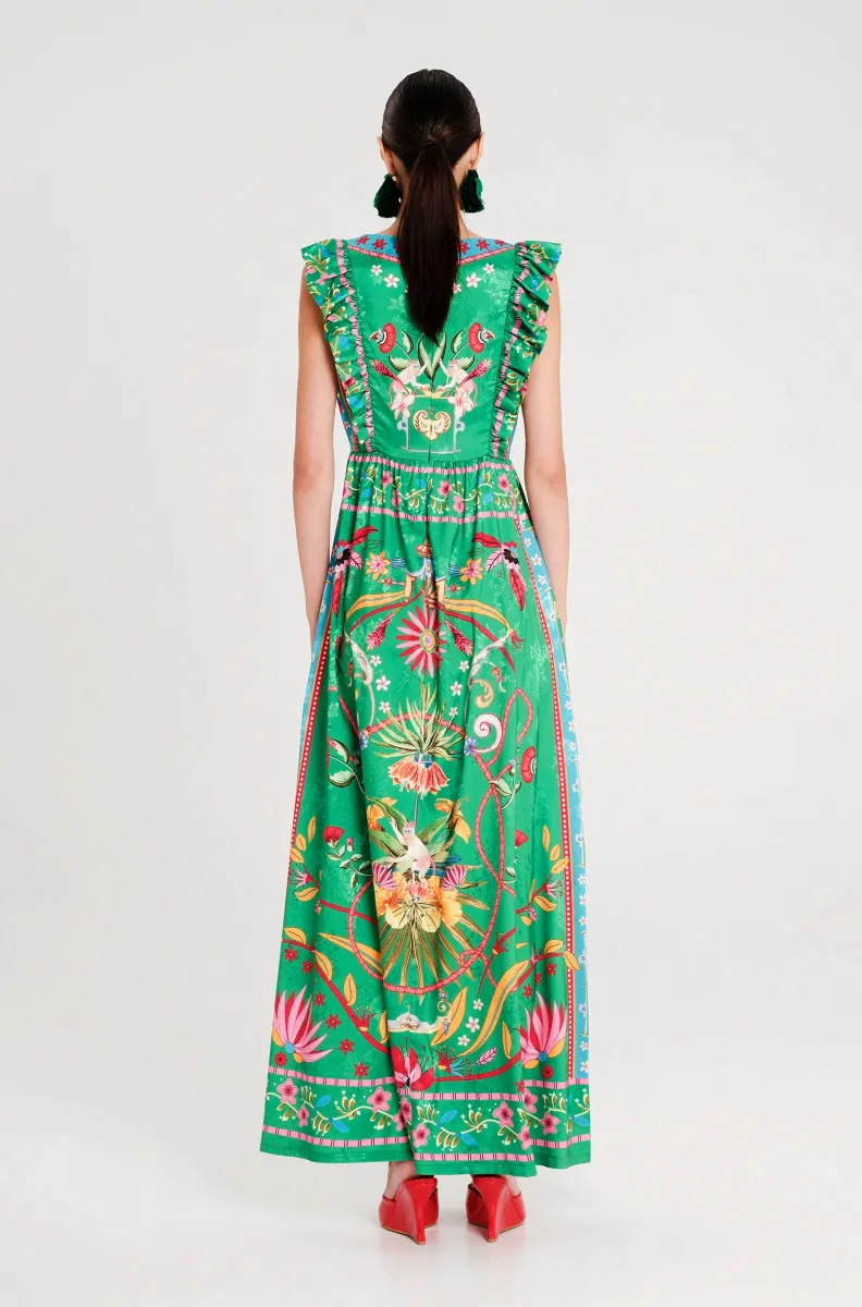 Μακρύ φόρεμα από botanical satin jacquard Λεπτομέρεια βολάν στο μπούστο Κρυφό φερμουάρ