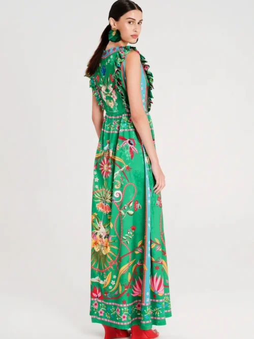 Μακρύ φόρεμα από botanical satin jacquard Λεπτομέρεια βολάν στο μπούστο Κρυφό φερμουάρ