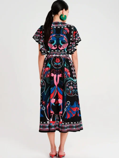 Μακρύ φόρεμα κρουαζέ σε γραμμή Α με ρυθμιζόμενη μέση Κοντά καμπάνα μανίκια Λείο μη ελαστικό ύφασμα