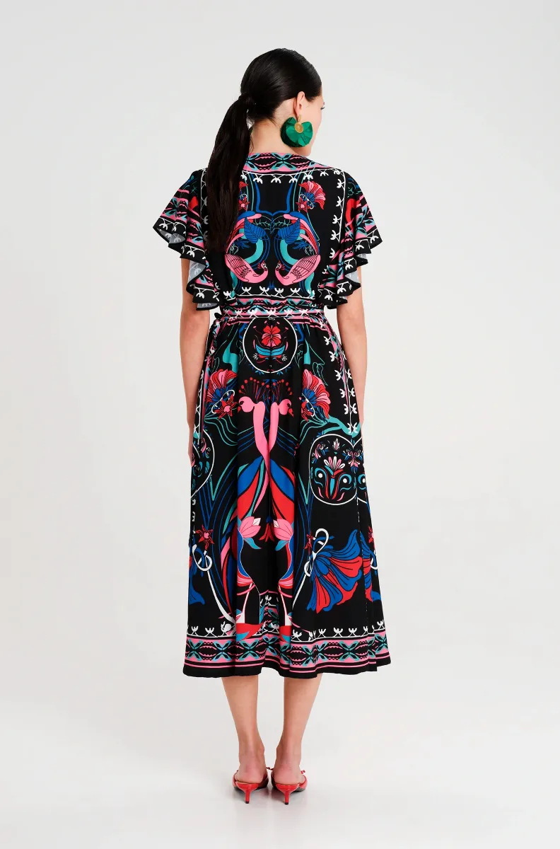 Μακρύ φόρεμα κρουαζέ σε γραμμή Α με ρυθμιζόμενη μέση Κοντά καμπάνα μανίκια Λείο μη ελαστικό ύφασμα