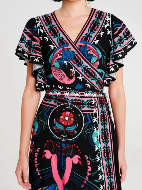 Μακρύ φόρεμα κρουαζέ σε γραμμή Α με ρυθμιζόμενη μέση Κοντά καμπάνα μανίκια Λείο μη ελαστικό ύφασμα