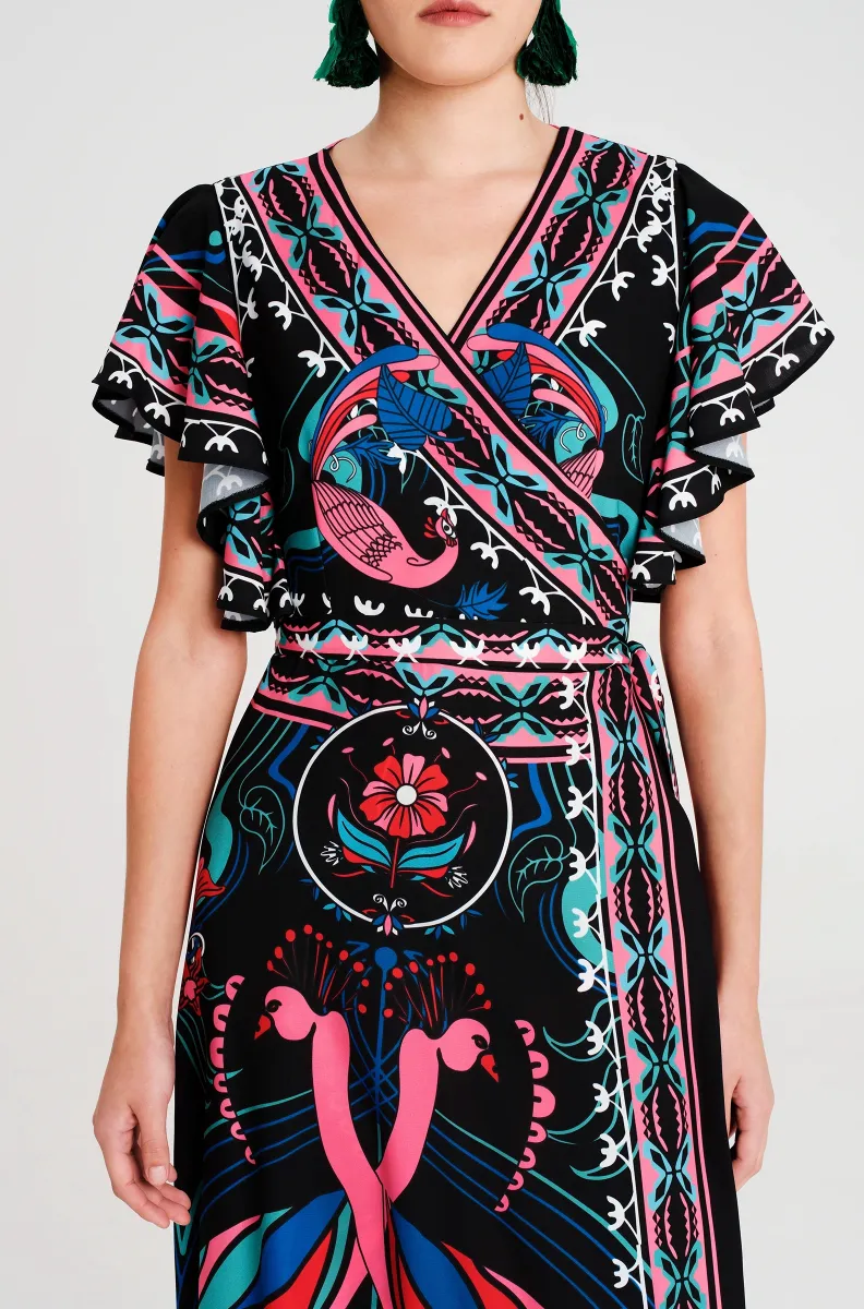 Μακρύ φόρεμα κρουαζέ σε γραμμή Α με ρυθμιζόμενη μέση Κοντά καμπάνα μανίκια Λείο μη ελαστικό ύφασμα