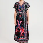 Μακρύ φόρεμα κρουαζέ σε γραμμή Α με ρυθμιζόμενη μέση Κοντά καμπάνα μανίκια Λείο μη ελαστικό ύφασμα