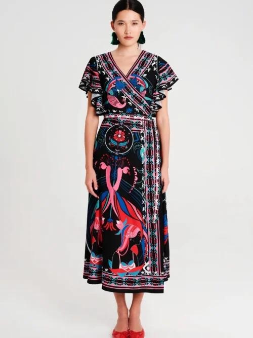 Μακρύ φόρεμα κρουαζέ σε γραμμή Α με ρυθμιζόμενη μέση Κοντά καμπάνα μανίκια Λείο μη ελαστικό ύφασμα