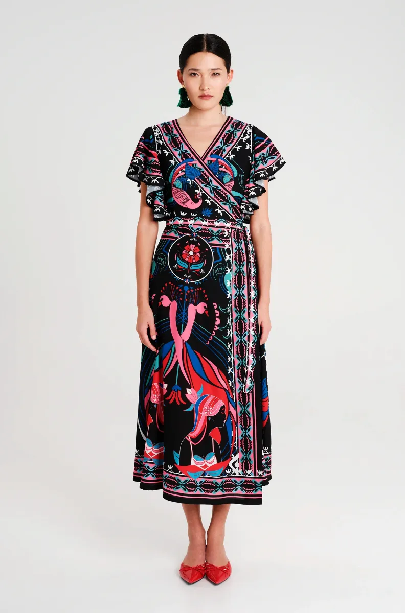 s26916_cosmology_wrap_3_ Μακρύ φόρεμα κρουαζέ σε γραμμή Α με ρυθμιζόμενη μέση Κοντά καμπάνα μανίκια Λείο μη ελαστικό ύφασμα