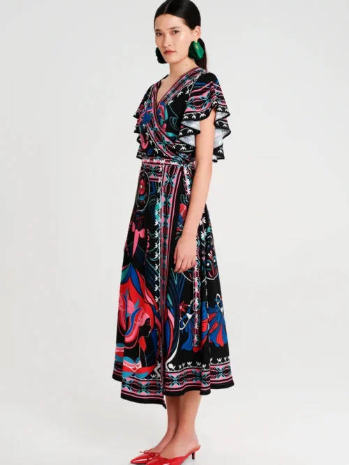 Μακρύ φόρεμα κρουαζέ σε γραμμή Α με ρυθμιζόμενη μέση Κοντά καμπάνα μανίκια Λείο μη ελαστικό ύφασμα