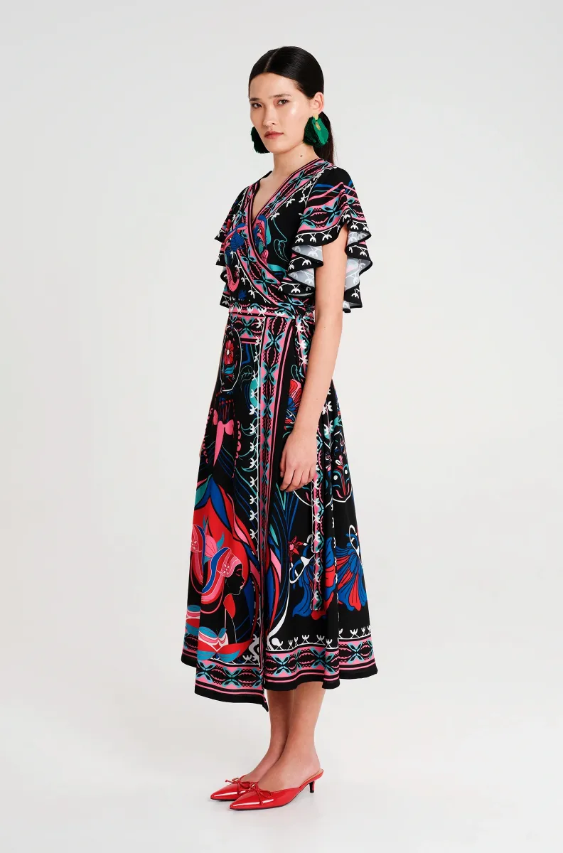 Μακρύ φόρεμα κρουαζέ σε γραμμή Α με ρυθμιζόμενη μέση Κοντά καμπάνα μανίκια Λείο μη ελαστικό ύφασμα