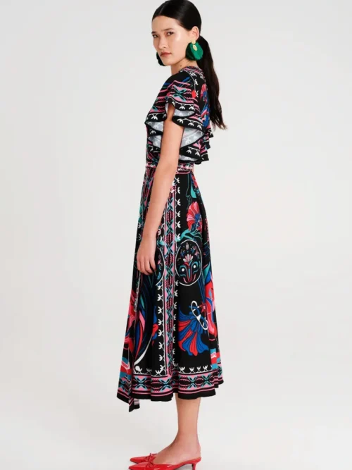 Μακρύ φόρεμα κρουαζέ σε γραμμή Α με ρυθμιζόμενη μέση Κοντά καμπάνα μανίκια Λείο μη ελαστικό ύφασμα