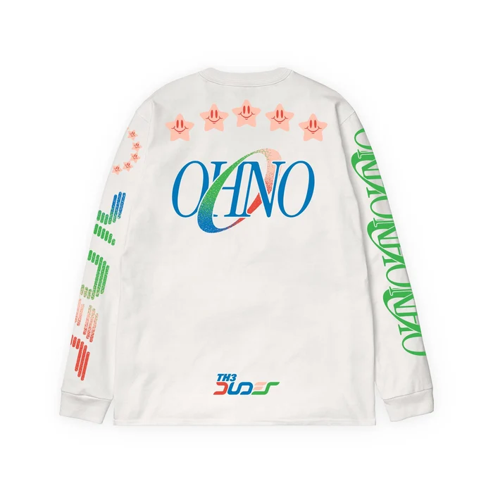 Premium ανδρικό μακρυμάνικο T-shirt της The Dudes σε λευκό χρώμα, με το χαρακτηριστικό OHNO artwork του καλλιτέχνη McBess.
