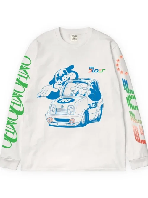 Premium ανδρικό μακρυμάνικο T-shirt της The Dudes σε λευκό χρώμα, με το χαρακτηριστικό OHNO artwork του καλλιτέχνη McBess.