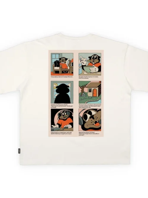 Premium ανδρικό κοντομάνικο oversized heavyweight T-shirt της The Dudes, σε off-white χρώμα, με το χαρακτηριστικό Fucky Weekly artwork του καλλιτέχνη McBess.