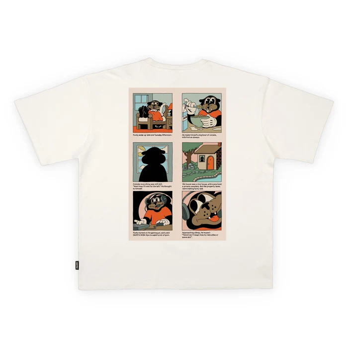Premium ανδρικό κοντομάνικο oversized heavyweight T-shirt της The Dudes, σε off-white χρώμα, με το χαρακτηριστικό Fucky Weekly artwork του καλλιτέχνη McBess.